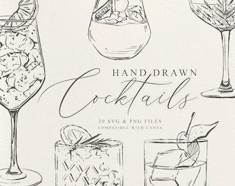 20 Hand Drawn Drink Illustrations | SVG & PNG files | Cocktail Clip Art | Signature Drink Sign Clip Art | Digital Download