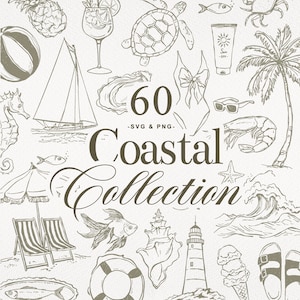 Hand Drawn Beach Clipart | Coastal Sketch Clipart Set | Summer Line Art Icons |  60 Seaside Doodle Illustrations | Nautical PNG & SVG