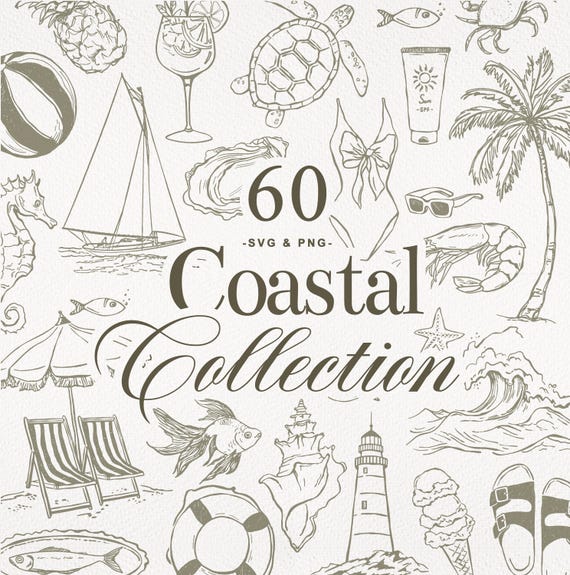 Hand Drawn Beach Clipart | Coastal Sketch Clipart Set | Summer Line Art Icons |  60 Seaside Doodle Illustrations | Nautical PNG & SVG