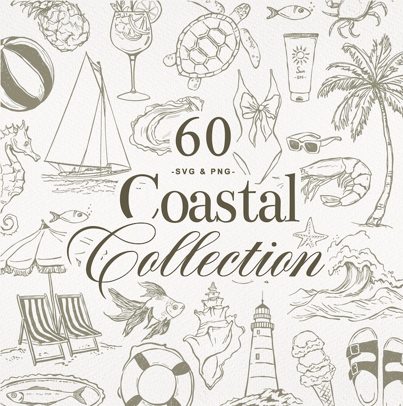 Puede incluir: Una colecci&oacute;n de 60 gr&aacute;ficos SVG y PNG con tem&aacute;tica costera. Las ilustraciones incluyen un velero, una tortuga marina, sillas de playa, un traje de ba&ntilde;o, gafas de sol, un faro y otros elementos relacionados con la playa. El texto "Coastal Collection" est&aacute; escrito.