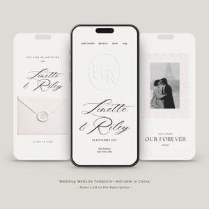 May include: A digital wedding website template displayed on three smartphone screens. The interface features elegant calligraphy with the names Linette & Riley, a wax seal graphic, and a black and white photograph of a couple kissing in Paris.