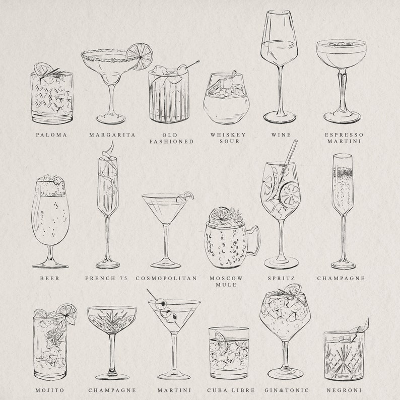 20 handgezeichnete Getränkeillustrationen SVG & PNG Dateien Cocktails Clip Art Signature Drink Sign Clip Art Digitaler Download Bild 2