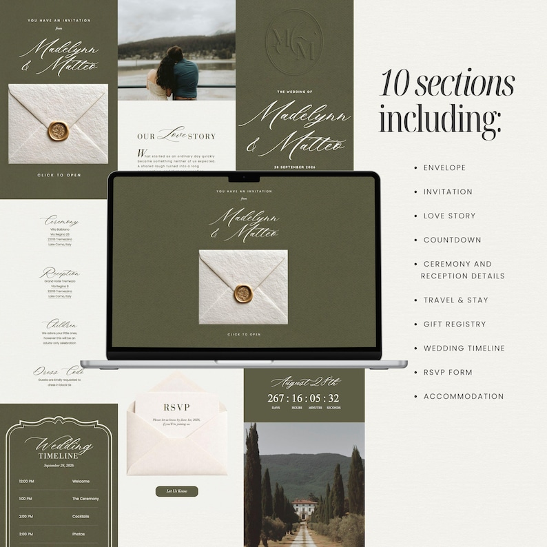 May include: A digital wedding invitation suite displayed on a laptop and printed materials. The design features an olive green color scheme with elegant script fonts. Elements include an envelope graphic with a wax seal, photos, and a wedding timeline.