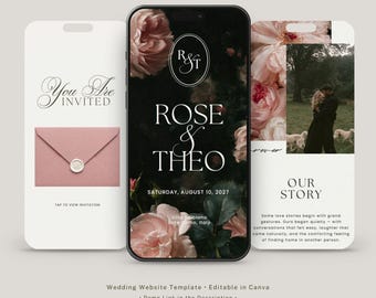 Vintage Pink Roses Wedding Website Invitation With RSVP Form & Editable Monogram | Canva Template