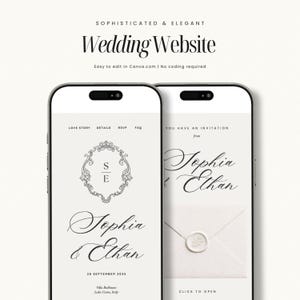 Plantilla web atemporal para bodas con confirmación de asistencia y música / Sitio web editable en Canva