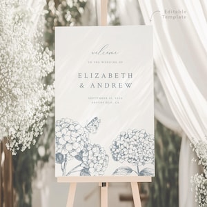 Modello di cartello di benvenuto per matrimonio stampabile con fiori di ortensia / Fiori blu polvere / Grande cartello 24x36 e 18x24 / Segnaletica per matrimonio