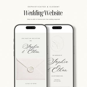 May include: Two smartphones displaying a wedding website design. The design features elegant script fonts, a wedding invitation, and the names Sophia & Ethan. The text reads "Wedding Website" and "Easy to edit in Canva.com".
