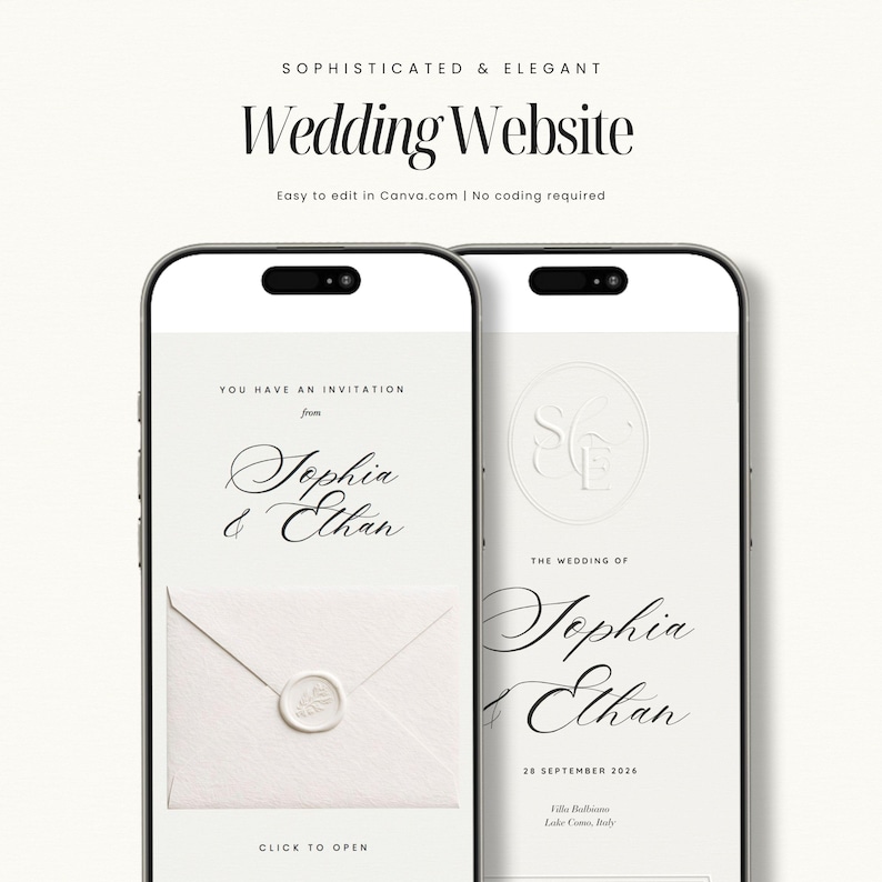May include: Two smartphones displaying a wedding website design. The design features elegant script fonts, a wedding invitation, and the names Sophia & Ethan. The text reads "Wedding Website" and "Easy to edit in Canva.com".