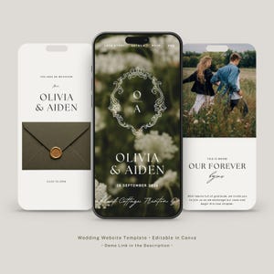 May include: A digital wedding website template displayed on three smartphone screens. The screens feature the names Olivia & Aiden, a decorative monogram, a date of 28 September 2026, an envelope with a wax seal, and a photograph of a couple in a field.