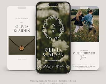 Plantilla web para bodas campestres con confirmación de asistencia / Sitio web editable en Canva