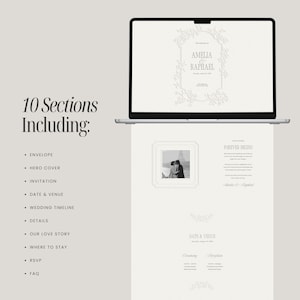 May include: A laptop screen displaying a wedding invitation template with the names Amelia and Raphael, alongside a list of 10 sections including envelope, hero cover, invitation, date and venue, wedding timeline, details, love story, stay, RSVP, and FAQ.