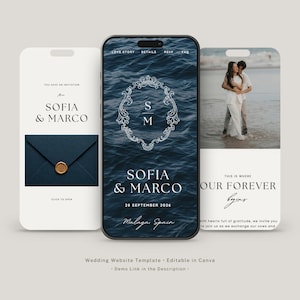 Può includere: Tre schermi di telefoni cellulari che mostrano un modello di sito web per matrimoni. Lo schermo a sinistra mostra una busta blu scuro con un sigillo di cera dorato. Lo schermo centrale presenta uno sfondo oceanico scuro con una cornice bianca ornata e il testo Sofia & Marco 28 settembre 2026. Lo schermo a destra mostra una fotografia di una coppia su una spiaggia con il testo This is where our forever begins.