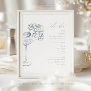 Menubord Hortensia Bar | Signature-drankbordsjabloon 8 x 10 | Bloemen bruiloft briefpapier | Stoffig blauw bord met trouwbalk | Bewegwijzering bruiloft