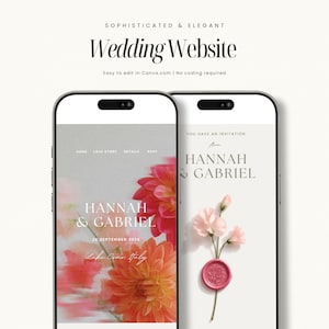 May include: Two smartphones displaying a wedding website template. The left screen shows a floral background with the text Hannah & Gabriel, 28 September 2026, Lake Como, Italy. The right screen shows a wax seal and floral graphic.