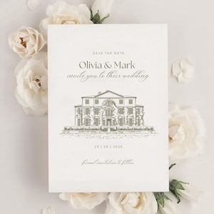 以下が含まれることがあります： 「SAVE THE DATE」の文字と「Olivia & Mark invite you to their wedding」の文字が入った、クリーム色のウェディング招待状。立派な家の詳細なイラストが特徴です。「15 | 09 | 2026」の日付も含まれています。