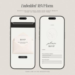 May include: Two smartphones displaying an RSVP form. The left phone shows an RSVP card in an envelope, with the text "RSVP" and "Let Us Know". The right phone has a form with fields for name and wedding attendance.