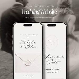 Könnte beinhalten: Zwei weiße Smartphones zeigen ein Hochzeitswebsite-Design. Das Design enthält den Text "Wedding Website", "Sophia & Ethan" und "Save our Date". Der Hintergrund ist ein verschwommenes Bild eines Paares.