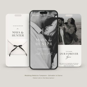 Peut inclure: Un modèle de site web de mariage numérique affiché sur un écran de smartphone et deux panneaux latéraux. Le design présente des photographies en noir et blanc, une typographie élégante et des mises en page minimalistes avec les noms Maya et Hunter.