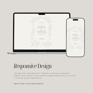 May include: A laptop and a smartphone displaying a wedding invitation template with the text AMELIA & RAPHAEL, Saturday, August 28, 2027, Villa Balbiano, Lake Como, Italy, framed by a white embossed floral border on a light background.