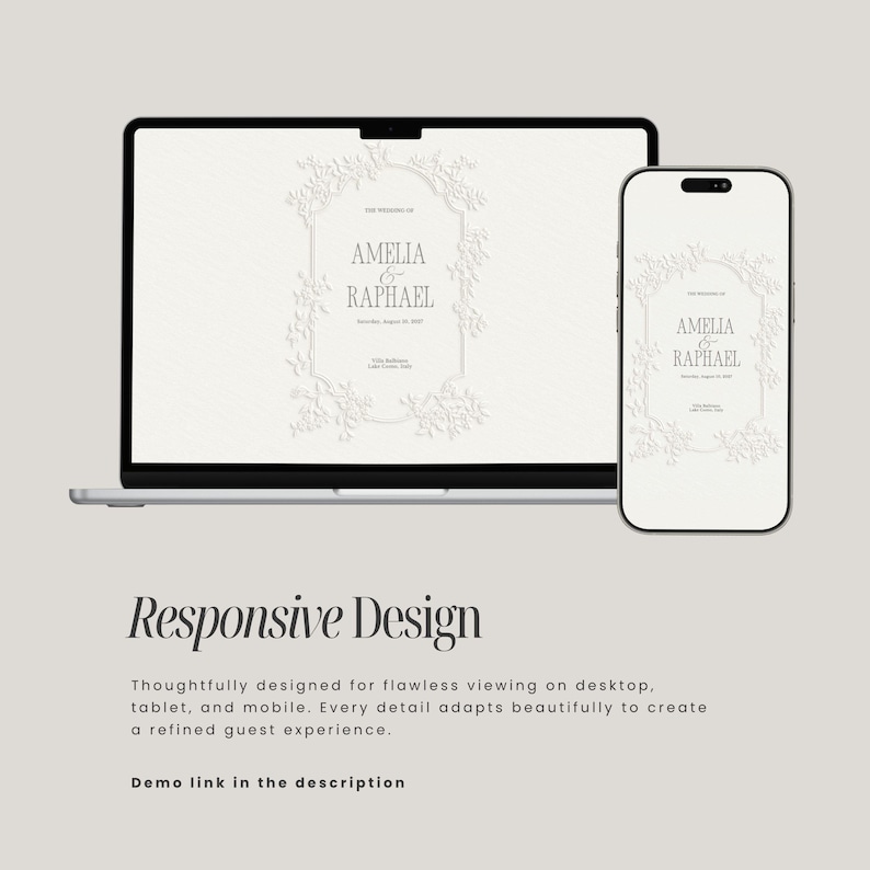 May include: A laptop and a smartphone displaying a wedding invitation template with the text AMELIA & RAPHAEL, Saturday, August 28, 2027, Villa Balbiano, Lake Como, Italy, framed by a white embossed floral border on a light background.
