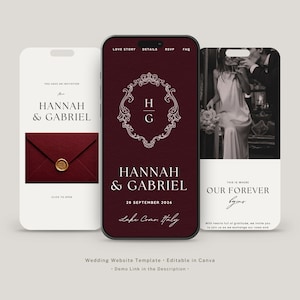 Burgundy Red Wedding Website Template with Music & RSVP | Editable Canva Website