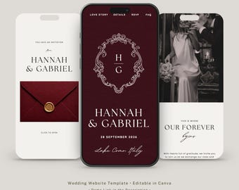 Burgundy Red Wedding Website Template with RSVP | Editable Canva Website