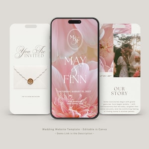 May include: A digital wedding website template displayed on a smartphone screen, featuring a pink floral background with the names May & Finn, the date August 10, 2027, and location Villa Balbiano, Lake Como, Italy, alongside invitation and story pages.