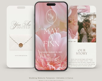 Pink Floral Wedding Website Invitation With RSVP Form & Editable Monogram | Canva Template