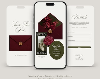 Burgundy Save The Date Wedding Website Template with RSVP | Editable Canva Website