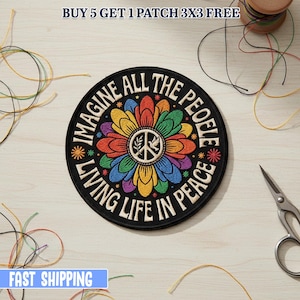 Imagine All The People Living Life In Peace Embroidered Patch, Retro Hippie Inspired Iron On Patch, 70s Peace Music Fan Gift