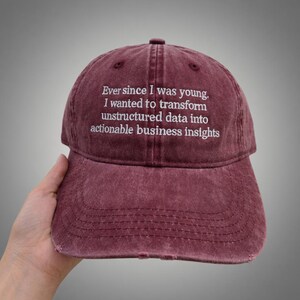 May include: A maroon baseball cap with a curved brim. The cap features white embroidered text that reads, "Ever since I was young. I wanted to transform unstructured data into actionable business insights."