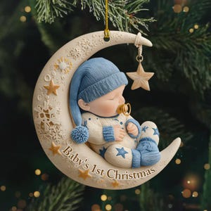 Personalized Baby&#39;s 1st Christmas Ornament, Sleeping Baby on Moon, Custom Holiday Decoration, Newborn Xmas Gift, Star and Snowflake Design