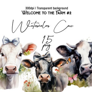 Watercolor Cow Clipart Bundle Farm Animals PNG Nursery Wall Art Floral Cow Baby Animals Kawaii Clipart Junk Journal Commercial License