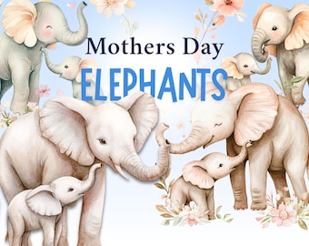 Słoń Mama i Dziecko Clipart Akwarela Słoń PNG Słodkie Zwierzątko Clipart Kwiatowy Słoń Baby Shower Karta Z Pozdrowieniami Dzień Matki