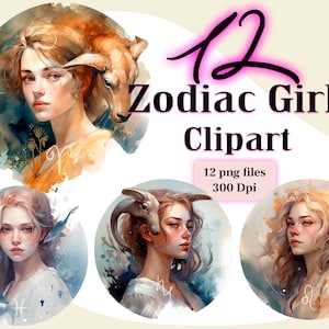 Zodiac bundle PNG Sublimation Horoscope Signs Clip art for Commercial Use PNG for Magic & Astrology Watercolor clipart instant download PNG