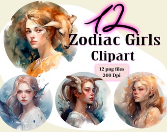 Zodiac bundle PNG Sublimation Horoscope Signs Clip art for Commercial Use PNG for Magic & Astrology Watercolor clipart instant download PNG