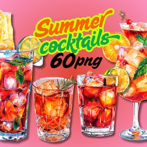 Watercolor Cocktail Clipart Bundle Tropical Drink PNG Summer Party Clipart Margarita PNG Mojito Martini Clipart Cosmopolitan Illustration