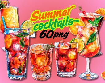 Watercolor Cocktail Clipart Bundle Tropical Drink PNG Summer Party Clipart Margarita Mojito Martini Cocktails Wedding Bar Menu Sign