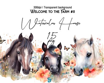 Watercolor Horse Clipart Farm Animal PNG Bundle Cute Horse Illustration Equestrian Clipart Western Horse Nursery Wall Art Scrapbook