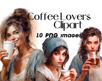 Mädchen mit Kaffeetasse Clipart PNG Bundle, Kaffeeliebhaber, Wandkunst, Girly Clipart, Clip Art, Papiermodell - Junk Journal, Scrapbooking