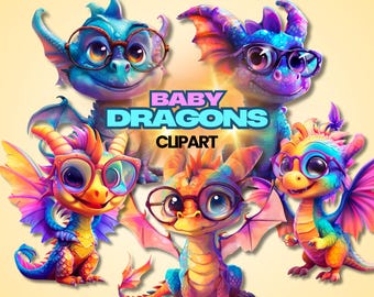 Cute Dragon Clipart Bundle Kawaii Baby Dragon PNG Cartoon Dragon Clipart Rainbow Dragon Art Fantasy Animal Nursery Dragon Sublimation