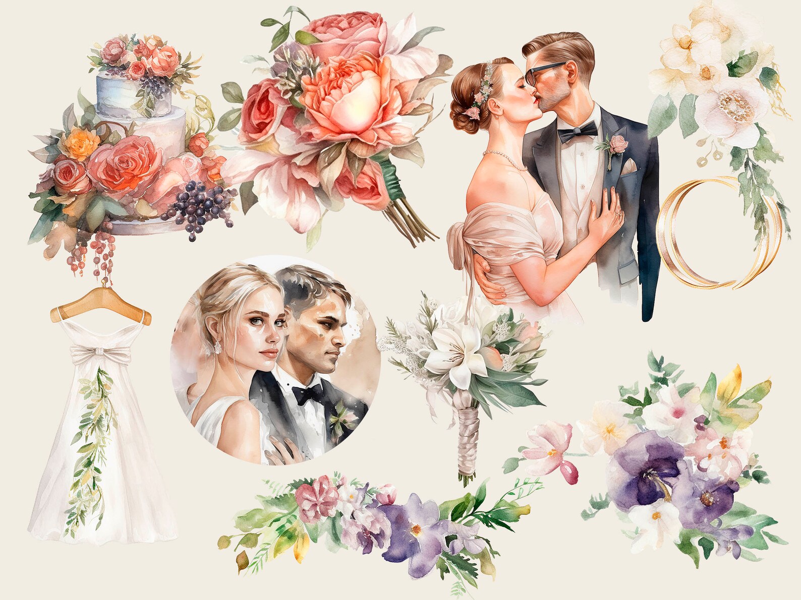 Huge Wedding Clipart Bundle PNG Bride and Fiance Watercolor Marriage ...
