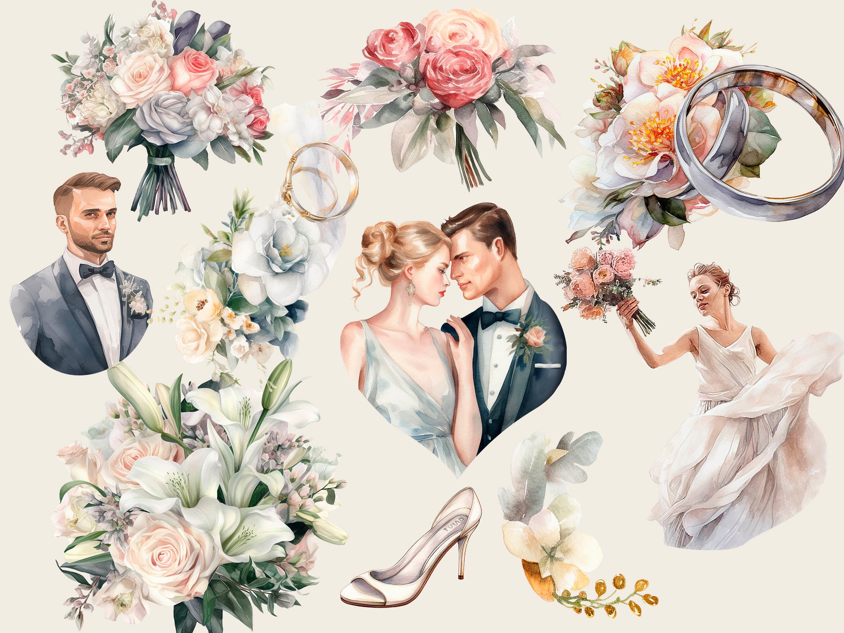 Huge Wedding Clipart Bundle PNG Bride and Fiance Watercolor Marriage ...