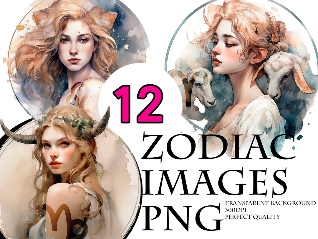 Astrological Watercolor Zodiac Signs Girls Clipart Bundle PNG Horoscope