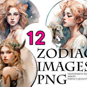 Astrological Watercolor Zodiac Signs Girls Clipart Bundle PNG Horoscope Zodiacs Female Art Sublimation Digital Download for Commercial Use