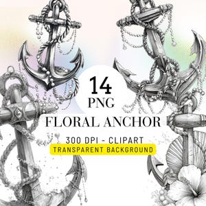 Anchor Flower Tattoo Clipart Bundle Nautical Tattoo PNG Floral Anchor Hibiscus Blackwork Fine Line Sketch Vintage Sailor Ocean Beach Tattoo