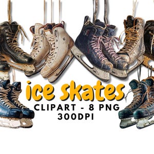 Vintage Ice Skates Clipart Hanging Ice Skate PNG Bundle Winter Retro Clipart Ice Hockey Boots Clipart Antique Skates PNG Illustration