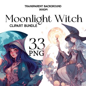 Anime Witch Clipart Bundle PNG Moonlight Witch Wallart Night Magic Witch Clipart PNG Junk Journal Magic Art Transparent Halloween Clipart