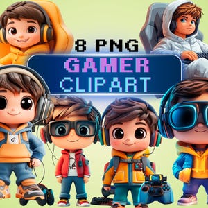 Clipart de niños gamer PNG, lindos personajes de dibujos animados de gamer, ilustración de juegos, arte digital, auriculares, controlador de juego, descarga instantánea