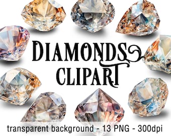 Watercolor Diamond Clipart Set - 13 PNG Images with Transparent Background - Diamonds Clipart Bundle Printable for commercial use